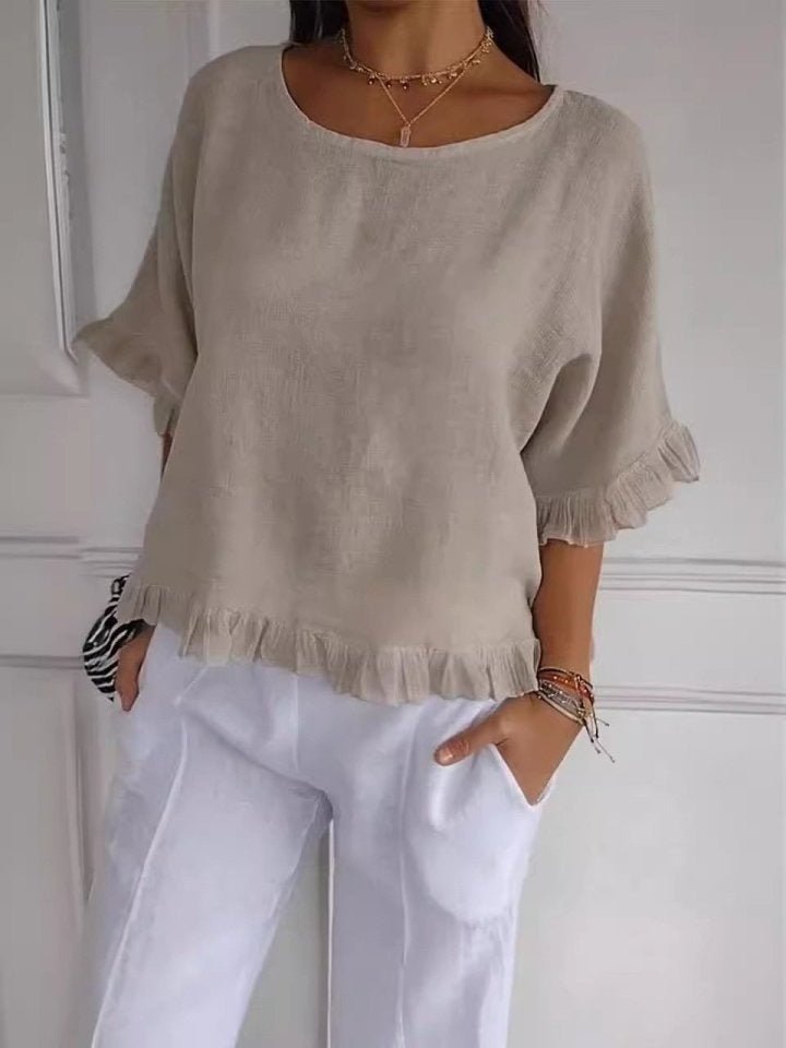 Rosabel Ruffle Hem Blouse in beige